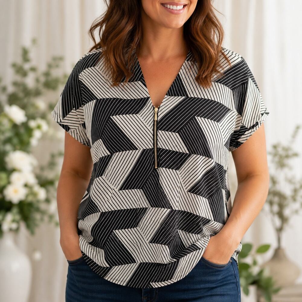 80 Park Black White Geometric Print Liquid Knit Top Size XL Career